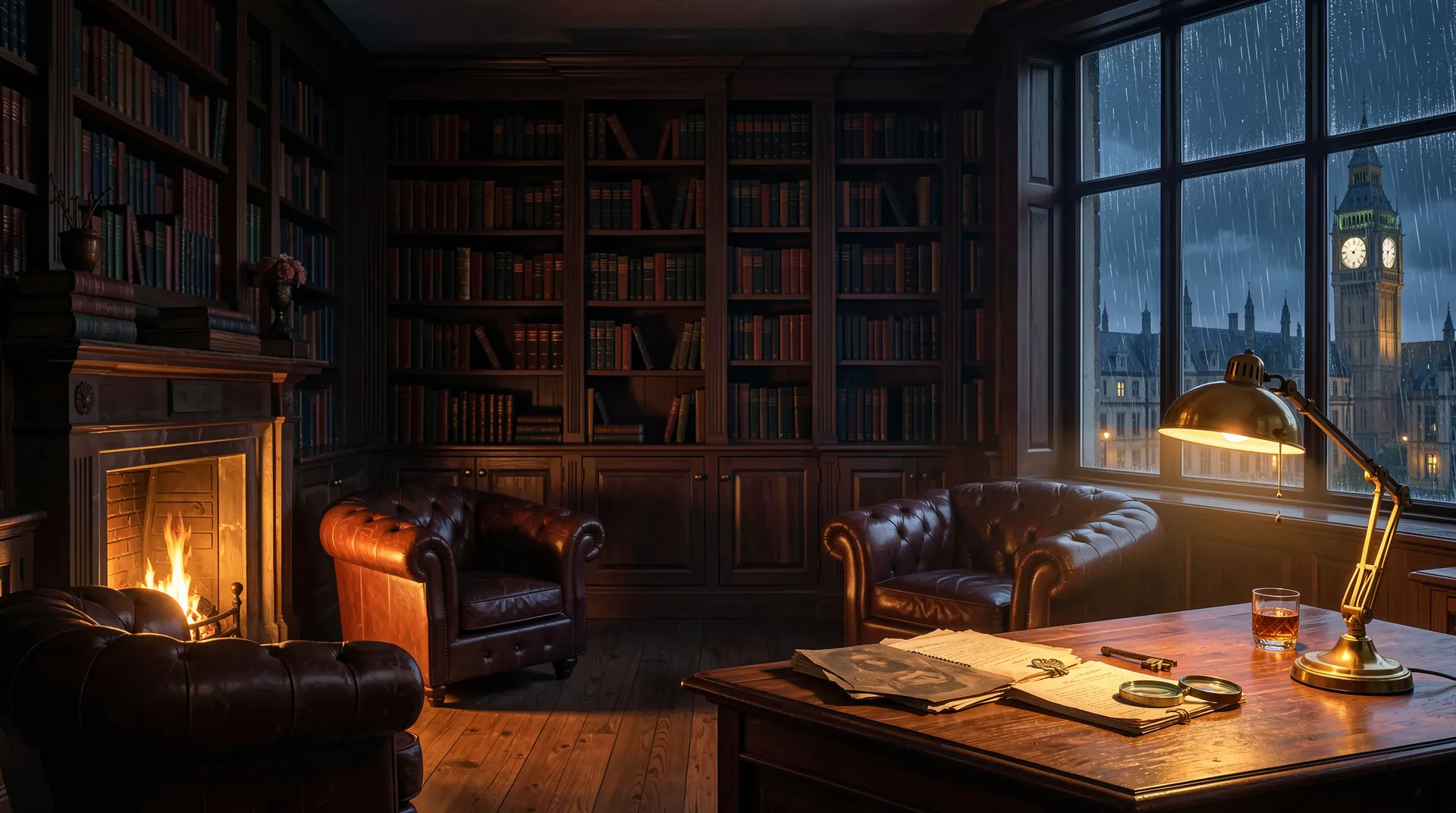 La biblioteca de un club privado de noche: chimenea, sillones de cuero y un escritorio iluminado por una lámpara con una lupa, una llave antigua y expedientes; lluvia en la ventana.