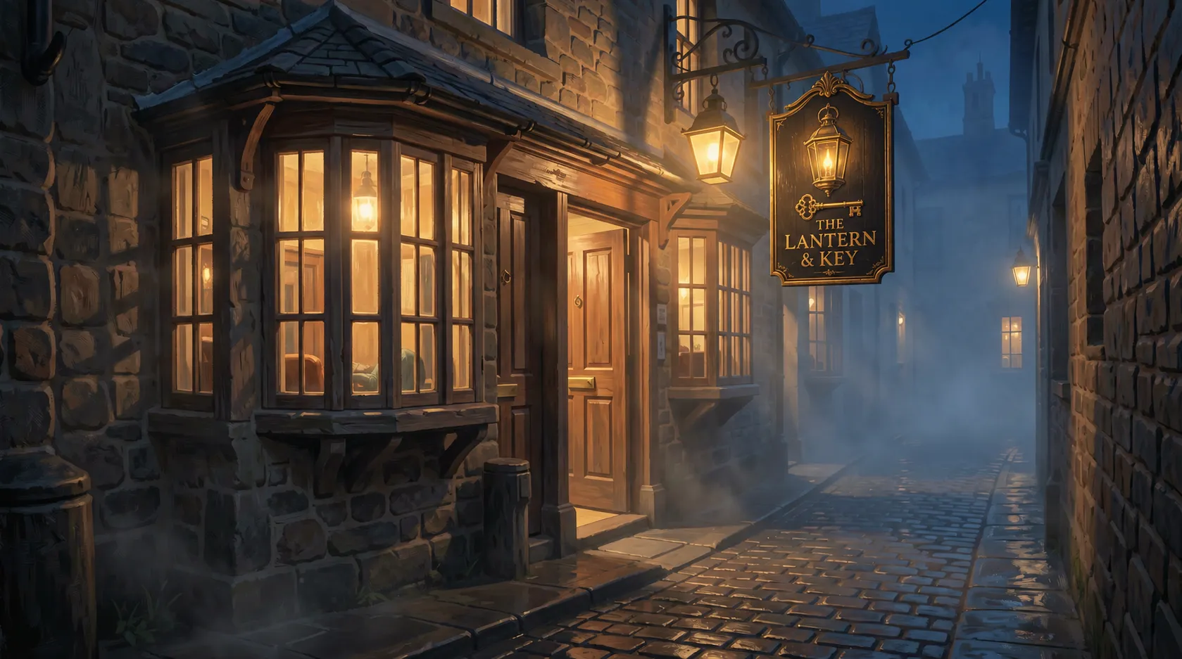 A traditional pub on a misty cobbled street at night, its windows glowing, with a hanging sign showing a lantern and a key.